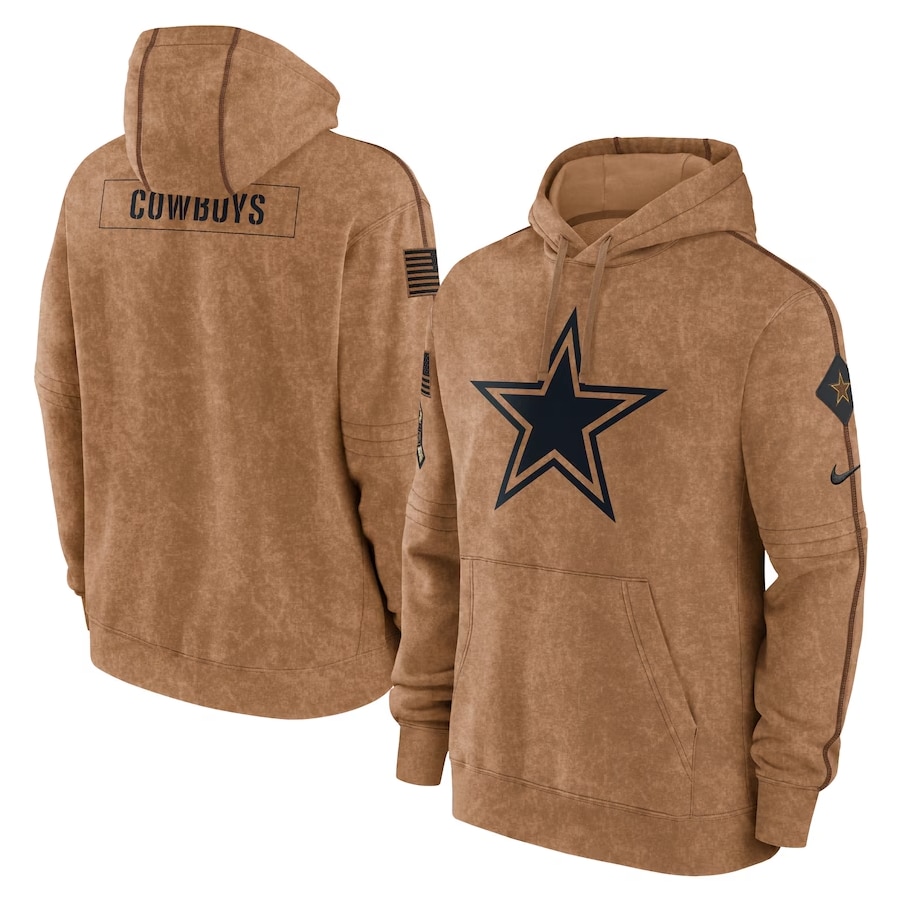  Dallas Cowboys Nike 2023 Salute To Service Club Pullover Hoodie - Brown colored on a white background.