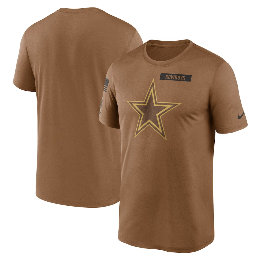 Dallas Cowboys Nike 2023 Salute To Service Legend Performance T-Shirt - Brown colored on a white background.