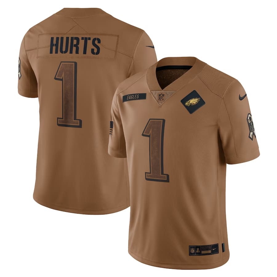 Jalen Hurts Philadelphia Eagles Nike 2023 Salute To Service Limited Jersey - Brown colored on a white background.