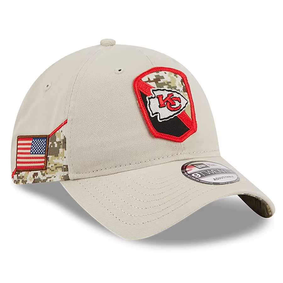 Kansas City Chiefs New Era 2023 Salute To Service 9TWENTY Adjustable Hat - Stone colored on a white background.