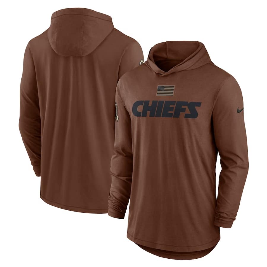 Kansas City Chiefs Nike 2023 Salute To Service Lightweight Long Sleeve Hoodie T-Shirt - Brown colored on a white background.