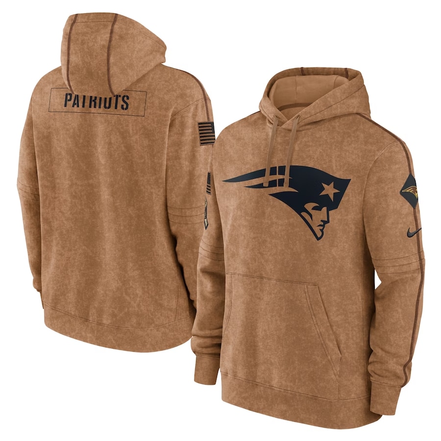 New England Patriots Nike 2023 Salute To Service Club Pullover Hoodie - Brown color on a white background.