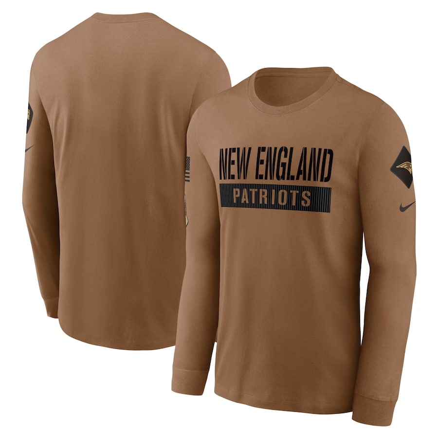 New England Patriots Nike 2023 Salute To Service Long Sleeve T-Shirt - Brown colored on a white background.