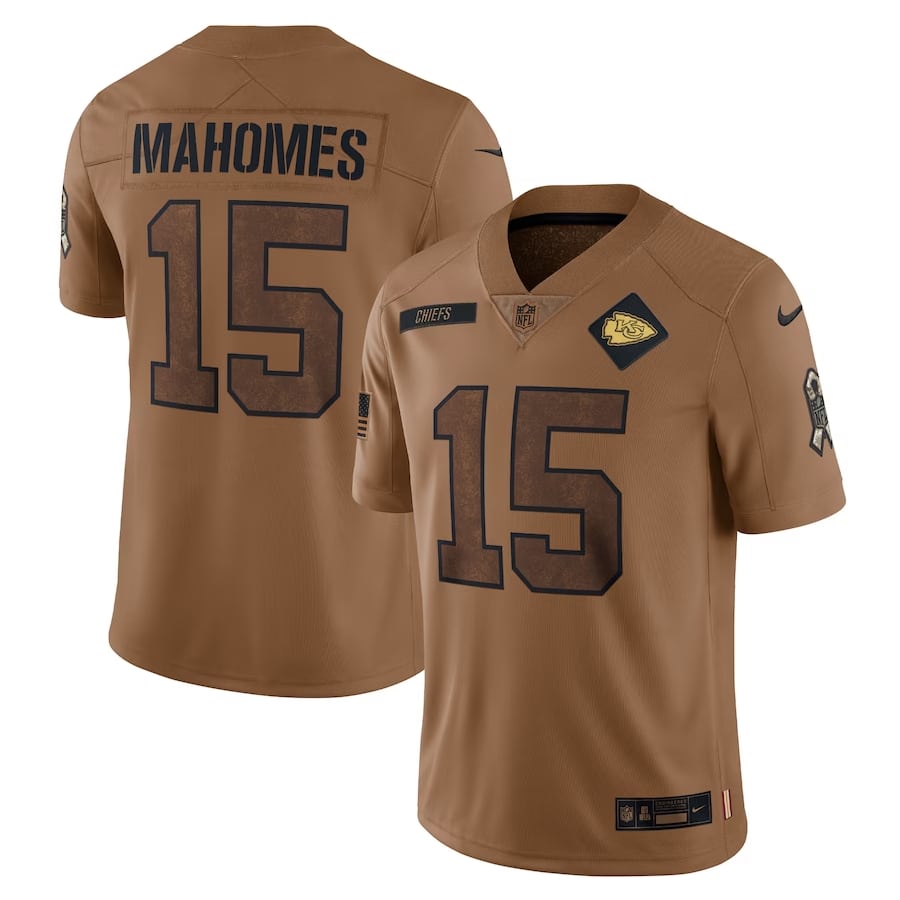 Patrick Mahomes Kansas City Chiefs Nike 2023 Salute To Service Limited Jersey - Brown colored on a white background.