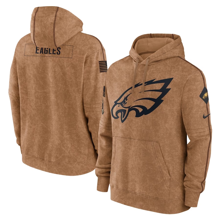 Philadelphia Eagles Nike 2023 Salute To Service Club Pullover Hoodie - Brown colored on a white background.