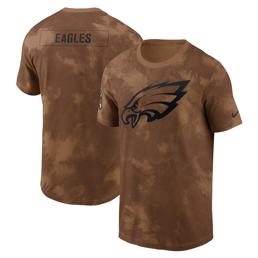 Philadelphia Eagles Nike 2023 Salute To Service Sideline T-Shirt - Brown color on a white background.